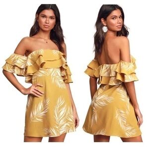 Lulu’s Be-Leaf the Hype Mustard Yellow Off the Shoulder Mini Dress